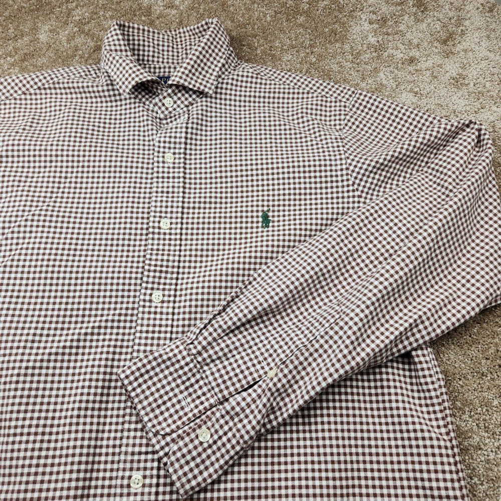 Polo Ralph Lauren Mens Brown Gingham Check Cotton Button Down Shirt Large L